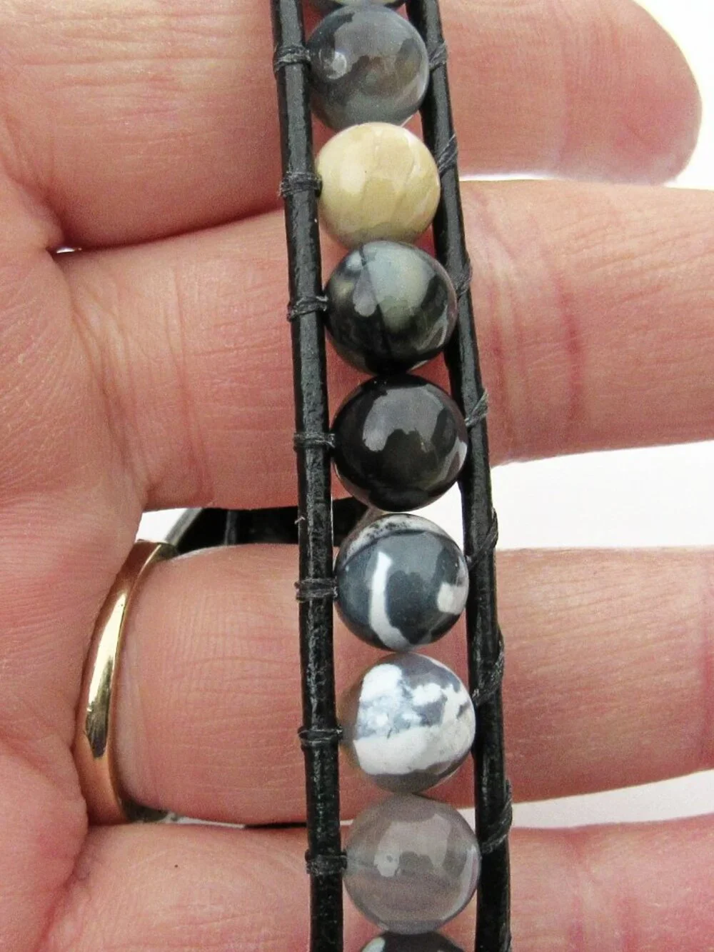 Blue Montana Moss Agate Stone and Leather, Gun Metal Owl Button Bracelet